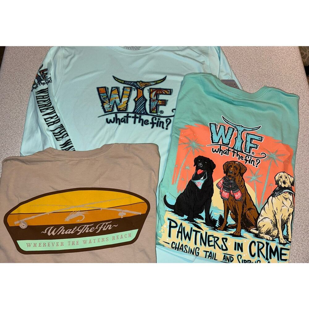 3 What the Fin Men's Pups Long & Short Sleeve T-shirt Med 100% Cotton Tagless